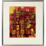 S. KALLUS, WATERCOLOR WITH PEN & INK, H 9", W 7 1/2", ABSTRACT CITY LIFEScarab Club Member. Signed