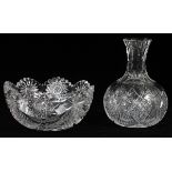 CUT CRYSTAL CARAFE & BOWL, TWO PIECES, H 4 - 8"A carafe with sunbursts about the basin, H.7 3/4",