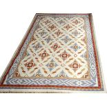 INDIAN DHURRIE, HAND WOVEN WOOL RUG, W 8', L 10' 5"Having a flat weave, cream ground, five