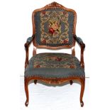 LOUIS XV STYLE CARVED WALNUT AND NEEDLEPOINT OPEN ARM CHAIR, 20TH CEN., H 38", W 23"Carved walnut