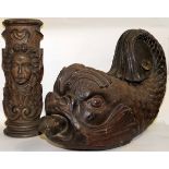 HAND CARVED OAK FIGURAL DETAILS, 2 PCS.Including 1 fish form figure, H 11", L 15", and 1 male