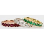 1.77CT NATURAL RUBY, 1.10CT EMERALD & 1.05CT DIAMOND STACKABLE RINGS, THREE, SIZE 7Including a