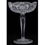 CUT CRYSTAL COMPOTE, H 11"A cut crystal compote, decorated with a notched tapered stem, and sunburst