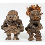POTTERY FIGURES, PAIR, H 9"Two costumed standing ceremonial figures one with feathered headress, and