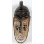 AFRICAN, CARVED WOOD MASK, H 16", W 6"African carved wood mask with carved headdress.- For High