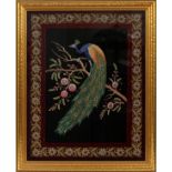 HAND EMBROIDERED TEXTILE OF PEACOCK, H 27", W 21"Depicting a peacock perched on a blossoming tree