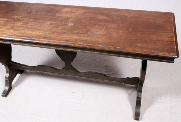 OAK LIBRARY TABLE, C. 1920, H 30", L 59", D 20"Having a rectangular top, trestle legs and - Image 2 of 2