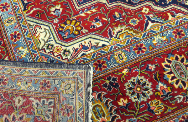 SIGNED PERSIAN TABRIZ, HAND WOVEN WOOL CARPET, W 8' 9", L 12' 4"Having five borders, navy ground - Image 2 of 3