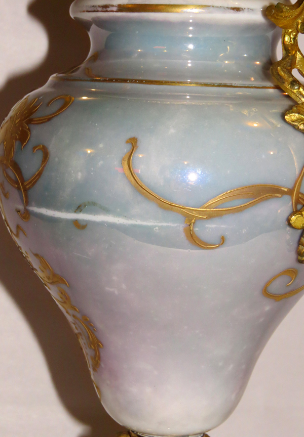 SEVRES HAND PAINTED PORCELAIN & BRONZE COVERED URN, H 12 1/2"Hand painted courting scene enhanced - Image 3 of 6