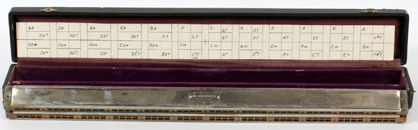 M. HOHNER GERMAN OVERSIZED HARMONICA, 3 PIECES, L 23"Having a wood comb, metal cover plate, and