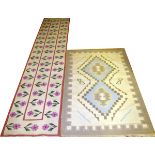 INDIAN DHURRIE, HAND WOVEN WOOL RUG AND RUNNER, W 2' 6" & 3' 11" L 11' & 6'Rug has a cream ground,