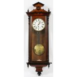 VIENNA ONE WEIGHT WALL CLOCK, H 39", L 13"Mahogany case featuring a gabled crest with moldings,