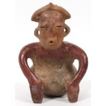 PRE-COLUMBIAN, TERRACOTTA FIGURES, H 8"seated figure with hands on knees. Bulbous bottom.- For