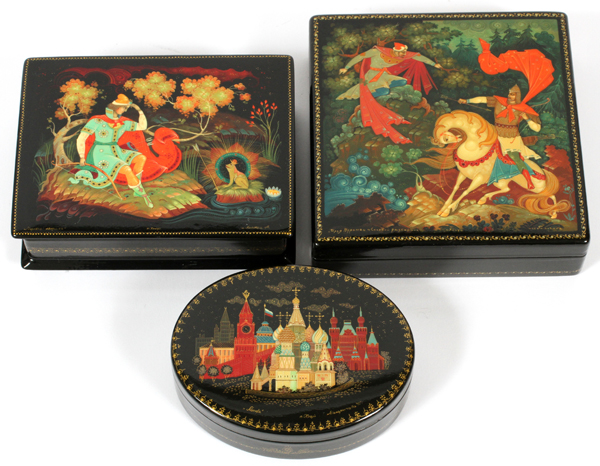 RUSSIAN HAND PAINTED BLACK LACQUER BOXES, 2002, 3 PCS., H 1 1/2" - 2", W 4 3/4" & 3 3/4", D 3 1/2" -