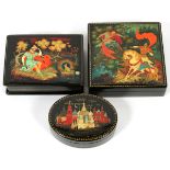 RUSSIAN HAND PAINTED BLACK LACQUER BOXES, 2002, 3 PCS., H 1 1/2" - 2", W 4 3/4" & 3 3/4", D 3 1/2" -