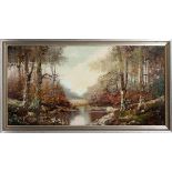 HUBER, OIL ON CANVAS, H 47", W 23", WOODED LANDSCAPEDepicting a wooded landscape, measuring H.47 3/