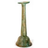 ROMAN GLASS VASE, H 6"Having a 90 degree flared rim on a long neck opening to a bell shape base. A