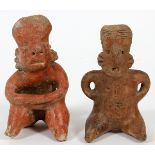 PRE-COLUMBIAN, TERRACOTTA SEATED FIGURES, TWO, H 4"one in red tones and one in brown. Each having