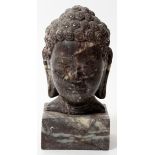 CARVED MARBLE BUST, OF BUDDHA, H 5 1/2", W 2 1/2"On a square base.- For High Resolution Photos visit