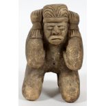 PRE-COLUMBIAN, TERRACOTTA KNEELING FIGURE, H 9"kneeling figure with long hair and holding hands over