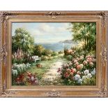 OIL ON CANVAS, H 30", W 40", GARDEN & HARBOR SCENEUnsigned and in a gilt wood frame. Possibly