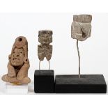 PRE-COLUMBIAN, TERRACOTTA FIGURES, 3 PIECES, H 1 - 2"two mounted on painted black bases with bent