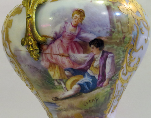 SEVRES HAND PAINTED PORCELAIN & BRONZE COVERED URN, H 12 1/2"Hand painted courting scene enhanced - Image 2 of 6