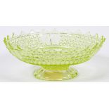 ANTIQUE, EARLY AMERICAN VASELINE BUTTON PATTERN GLASS COMPOTE, 19TH C, H 4", DIA 11"Blown Glass. See