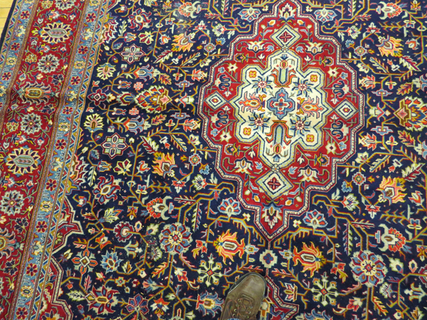 SIGNED PERSIAN TABRIZ, HAND WOVEN WOOL CARPET, W 8' 9", L 12' 4"Having five borders, navy ground - Image 3 of 3