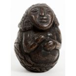 PRE-COLUMBIAN, TERRACOTTA ROLY-POLY, H 3"depicts a ceremonial figure with headress and diamond