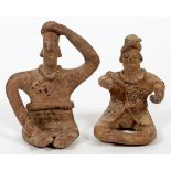 PRE-COLUMBIAN, TERRACOTTA FIGURES, TWO, H 4"two seated figures one with hand on head and other on