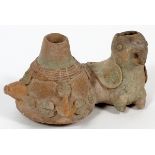 PRE-COLUMBIAN, TERRACOTTA VESSEL, H 5", W 3"A vessel with a bird.- For High Resolution Photos