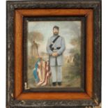 AMERICAN WATERCOLOR ON PAPER, 19TH C., 17" X 14", CIVIL WAR SOLDIER, FRAMED +ORIGINAL