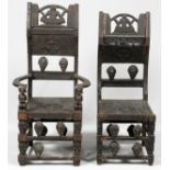 AFRICAN CHOKWE CARVED WOOD THRONE CHAIRS, TWOFeaturing an arm chair H. 54", W. 27.5", D. 19.5",