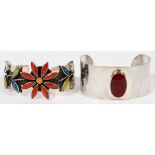 MEXICAN, STERLING SILVER, CUFF BRACELETS, 2 PCS.One having multi-color stones in flower forms. Other