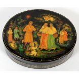 RUSSIAN HAND PAINTED LACQUER BOX, L 3 1/2''Oval shape; signed and dated, with box. Measures H.1" x 3