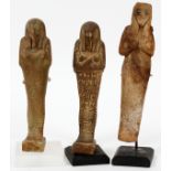 EGYPTIAN STONE & WOOD FIGURES, THREE, H 6"Depicts pharaoh statues mounted on stands with wire