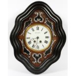 FRENCH EBONY AND MOTHER OF PEARL WALL CLOCK, CIRCA MID 19TH C.Featuring an ebony border enhanced
