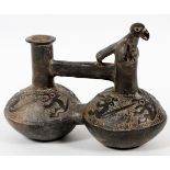 PRE-COLUMBIAN, TERRACOTTA VESSEL WITH BIRD, H 6", W 8"A double vessel with bird.- For High