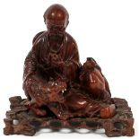 CHINESE HAND CARVED TEAK SCULPTURE OF A SAGE AND TIGER, ON CARVED TEAK STAND, MID 20TH C, 2 PCS. H