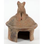 PRE-COLUMBIAN, TERRACOTTA LID, ANIMAL MOTIF, H 5", W 4"Pre-Columbian, terracotta lid for a vessel