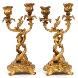 FRENCH STYLE PATINATED METAL TWO-LIGHT DOLPHIN-FORM CANDELABRA, LATE 19TH C., PAIR, H 10"Each