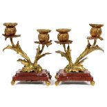 FRENCH BRONZE & ROUGE MARBLE TWO-LIGHT CANDELABRA, EARLY 20TH C., PAIR, H 7 3/4", W 6 1/2"Gilt