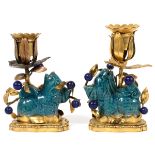 CHINESE TURQUOISE EARTHENWARE FIGURAL WATER DROPPERS & GILT BRONZE CANDLESTICKS, 19TH C., PAIR, H