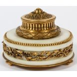 FRENCH D'ORE BRONZE & MARBLE INKWELL, 19TH C., H 3 1/2", DIA 4"Round white marble with d'ore