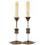 EUROPEAN BRONZE & CRYSTAL CANDLESTICKS, PAIR, H 14", ELECTRIFIEDColumnar form. Electrified.- For