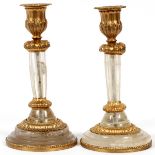 FRENCH ROCK CRYSTAL & GILT BRONZE CANDLESTICKS, LATE 19TH C., PAIR, H 7 3/4"In the Louis XVI