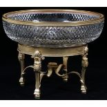 FRENCH BRONZE & CRYSTAL COMPOTE, H 6", DIA 8"A crystal compote with gilt band raised on a gilt stand