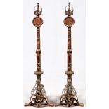 EUROPEAN IRON FIGURAL ANDIRONS, PAIR, H 48"Each has a shaped crown and shield above a partial nude