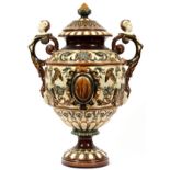 RORSTRAND, SWEDISH MAJOLICA POTTERY COVERED URN, LATE 19TH C., H 23", DIA 12"Renaissance revival